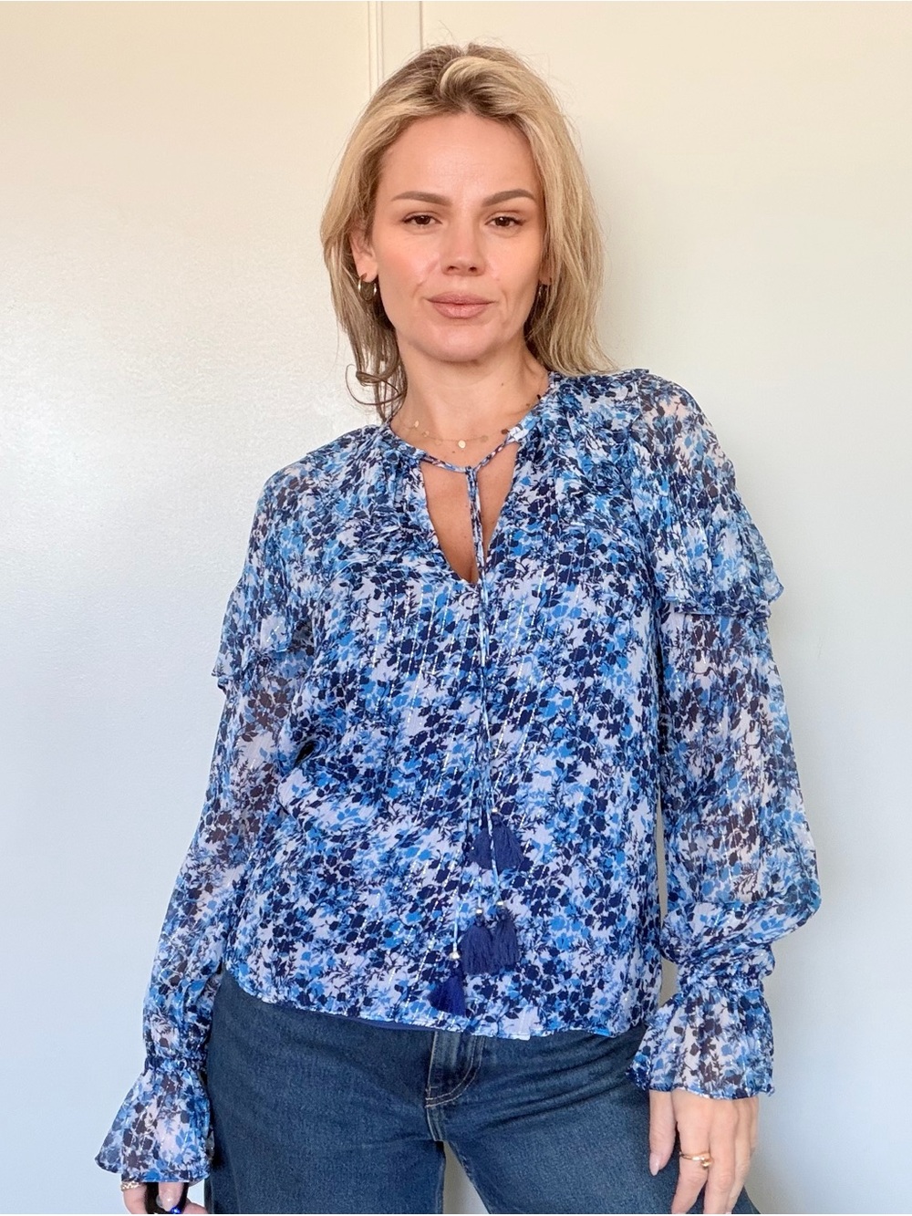 Ramy Brook Celeste Blue Floral Tie-Neck Blouse